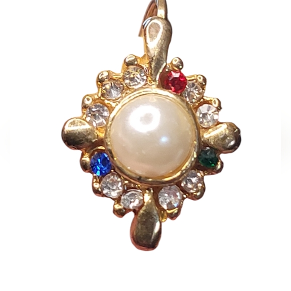 Vintage Faux Pearl & Rhinestone Earrings - Picture 4 of 16